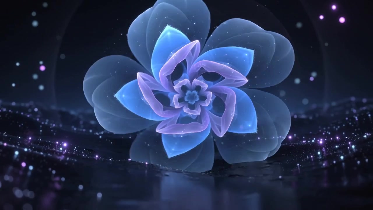 Expanding shell framed fractal bloom on animation start, rotating and collapsing above mirror water