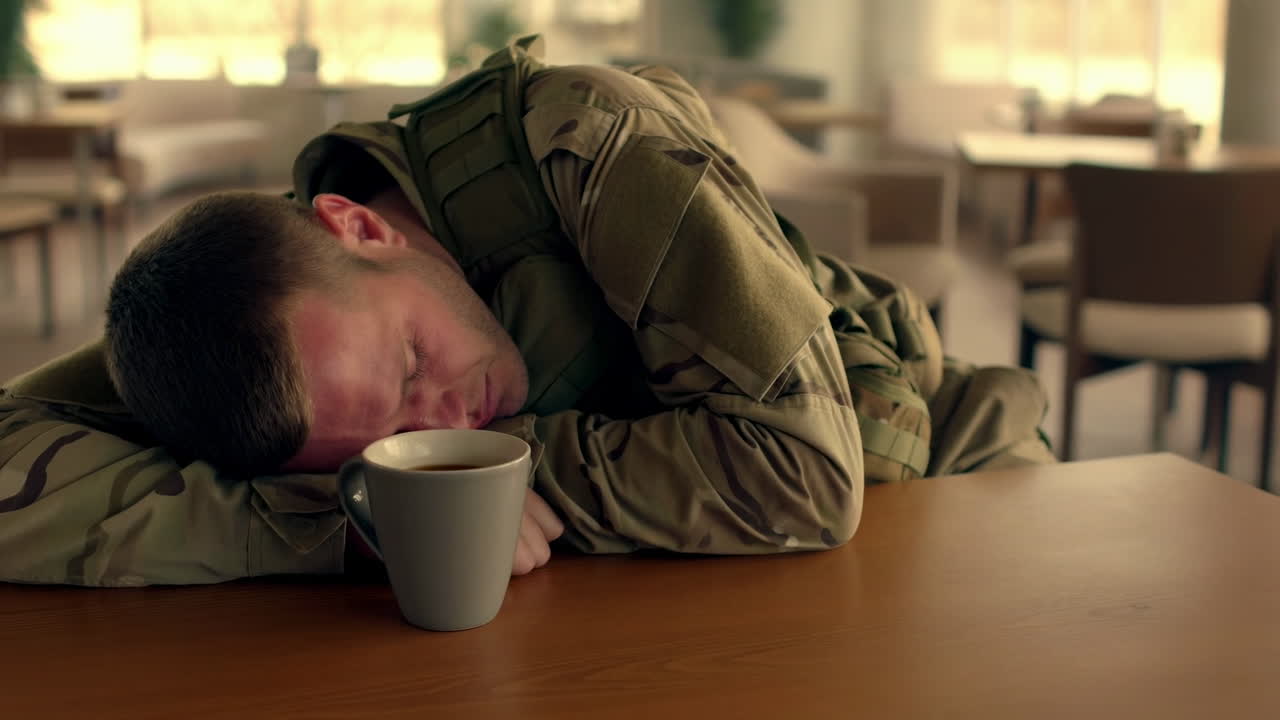 Soldato caucasico addormentato su un tavolo nella mensa, testa appoggiata sulle braccia incrociate, uniforme mimetica, tazza di caffè