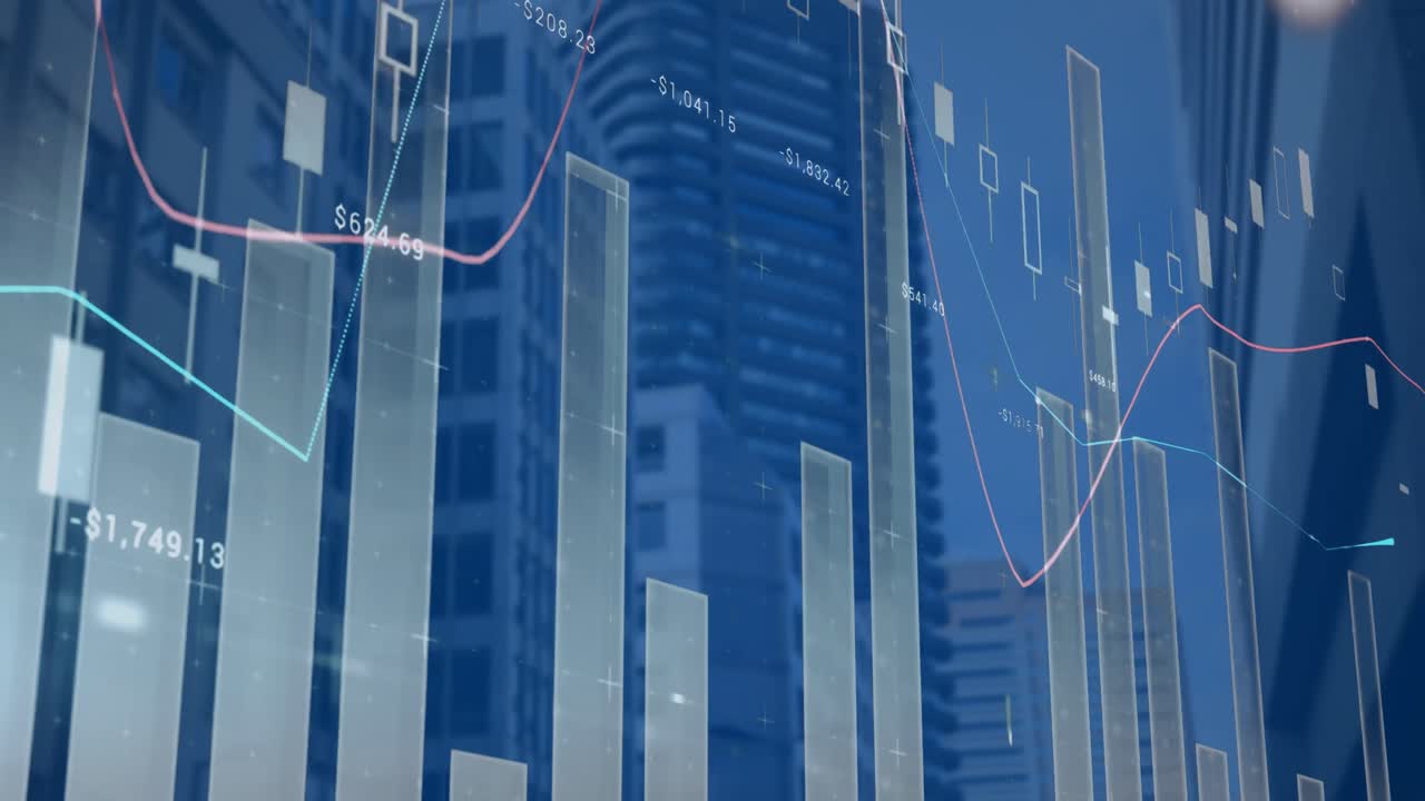 animación del procesamiento de datos estadísticos frente a la vista de edificios altos