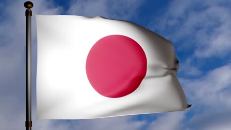 japanese flag with fabric texture waving in the wind on a blue white cloudy sky background. seamless loop stock 4k video. national flag of japan