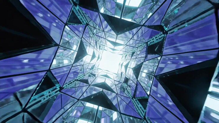 Movimiento de cámara inicial, eje espejado ascendiendo hacia un núcleo brillante, revelando paneles triangulares