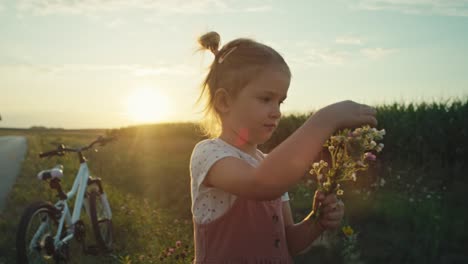 una niña caucásica pasando el tiempo en el camino del pueblo y recogiendo flores silvestres.
