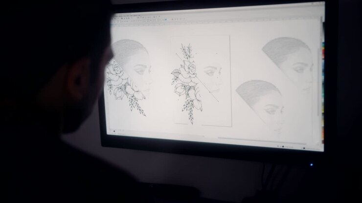 Concentrated graphic designer using computer and working on drawing