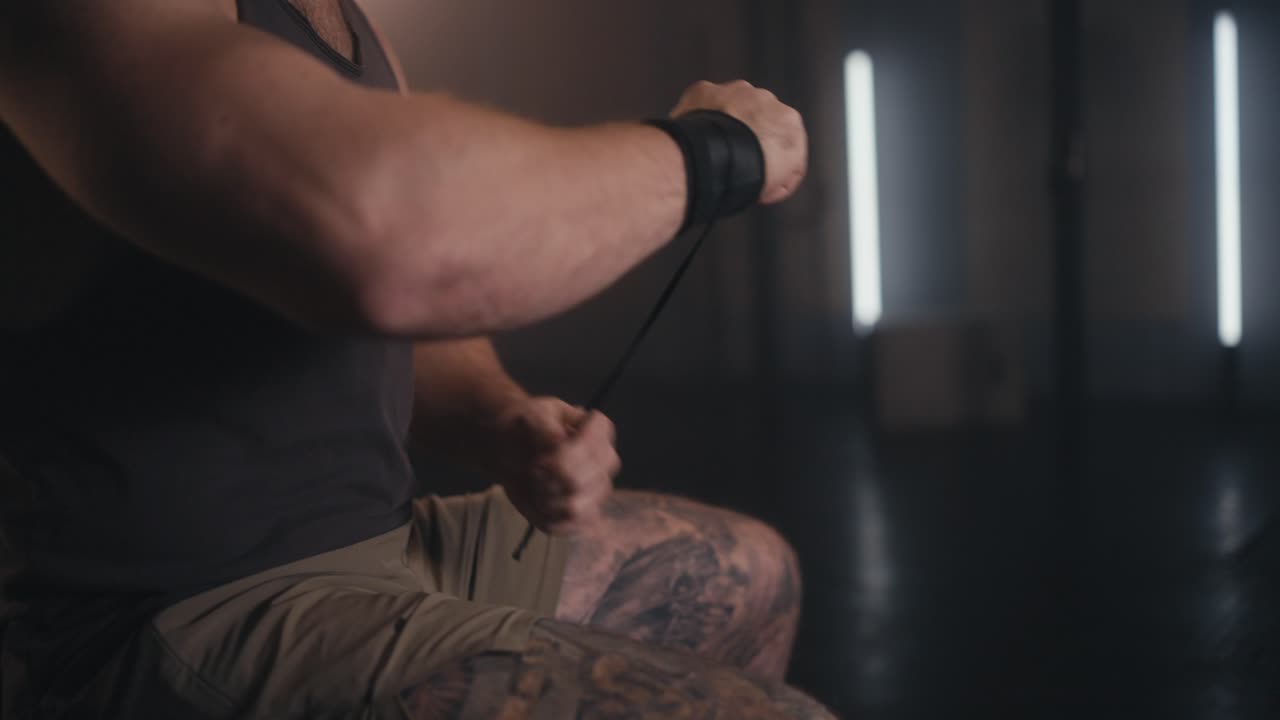 운동 을 준비 하고 있는 남자, 손목 에 매 를 착용 하고 있는 남자