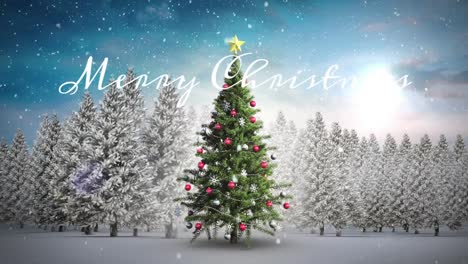 Animation-of-merry-christmas-text-over-christmas-tree-and-winter-landscape