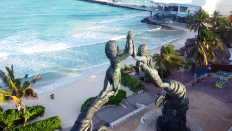 aerial point of interest of the mayan portal monument in the mayan riviera, mexico during sunset