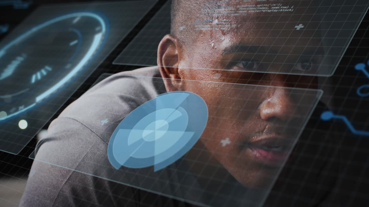 male athlete leaning forward in high-tech fitness lab, displaying holographic HUD data panels
