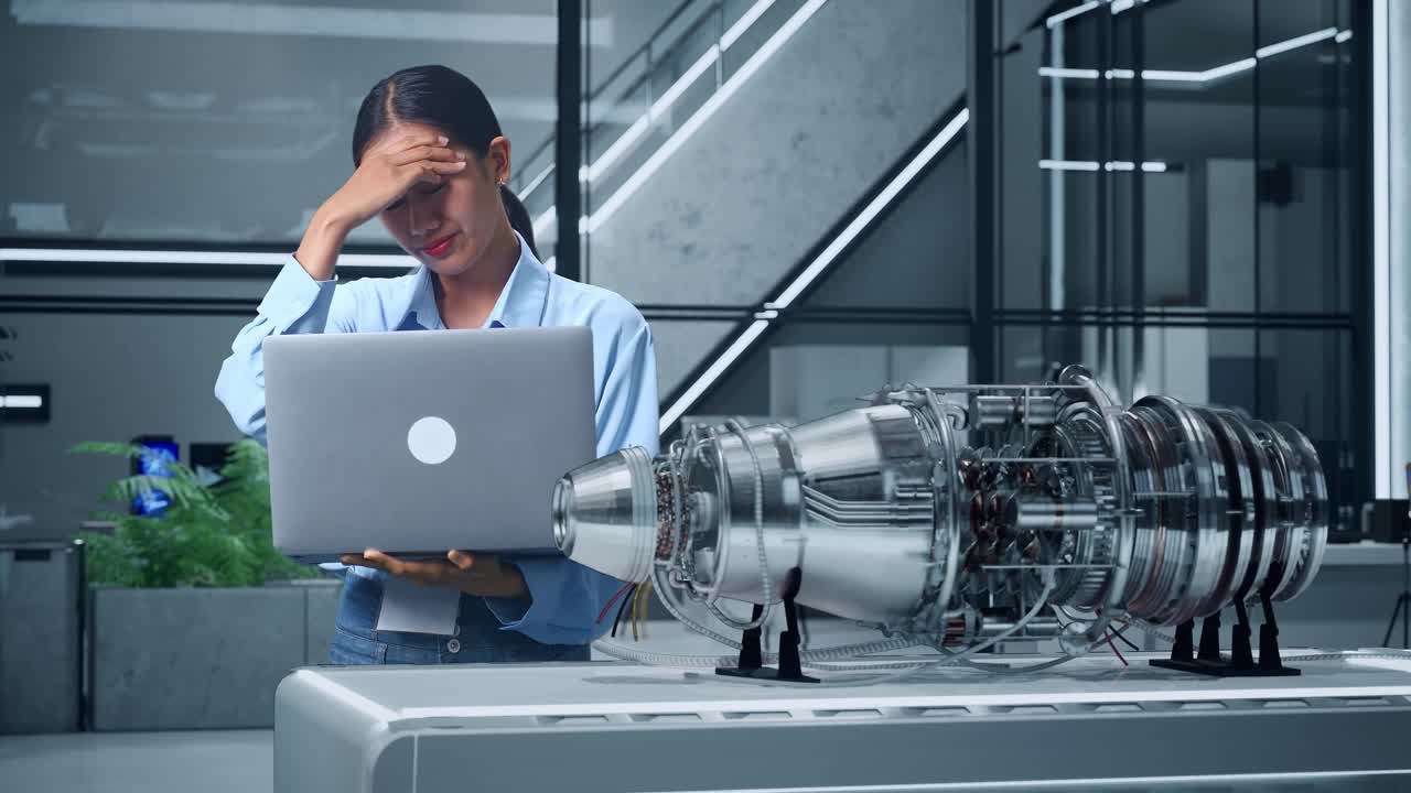 ジェットエンジンのモデルの近くのラップトップでストレスを受けた女性