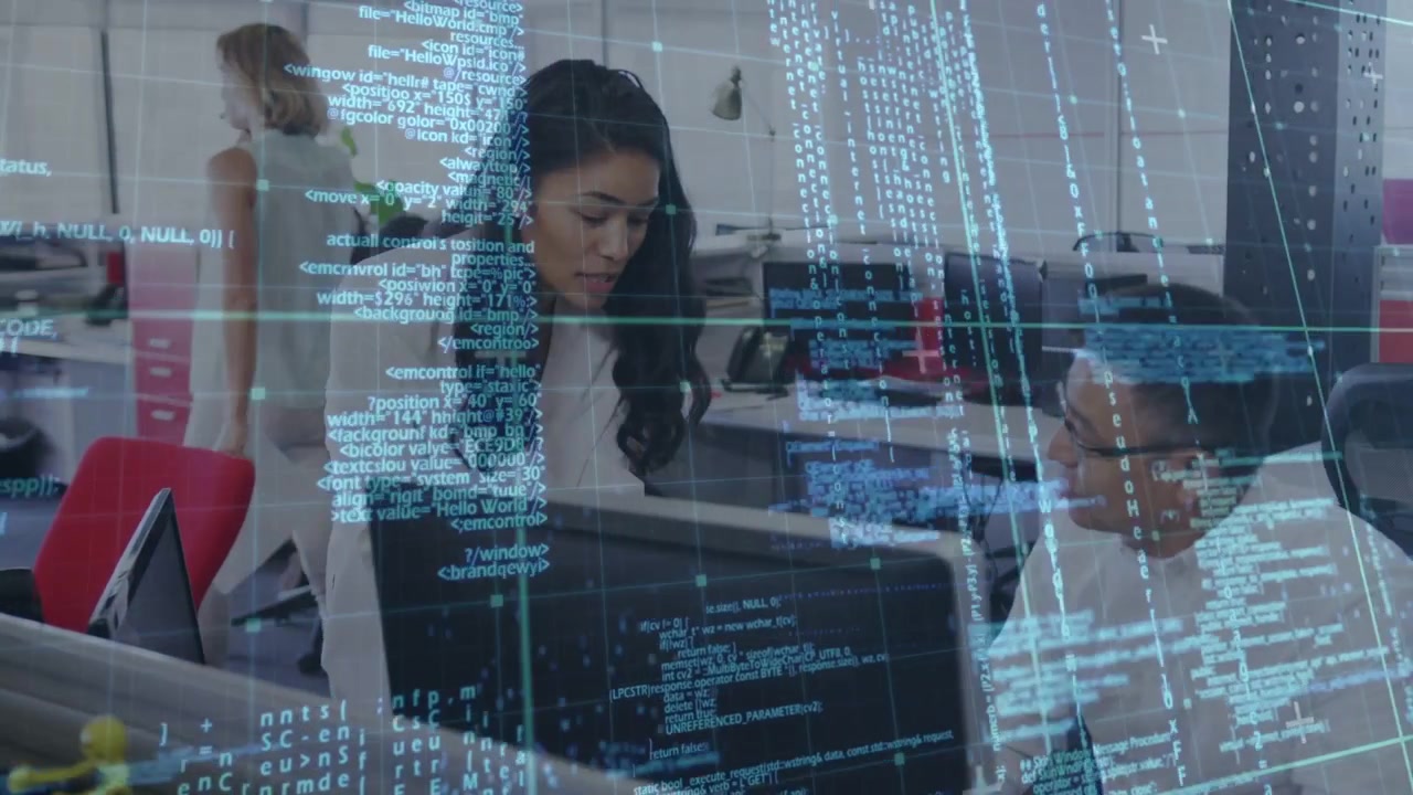 Vertical video: Woman pointing at monitor, guiding man debugging code, overlay highlighting code