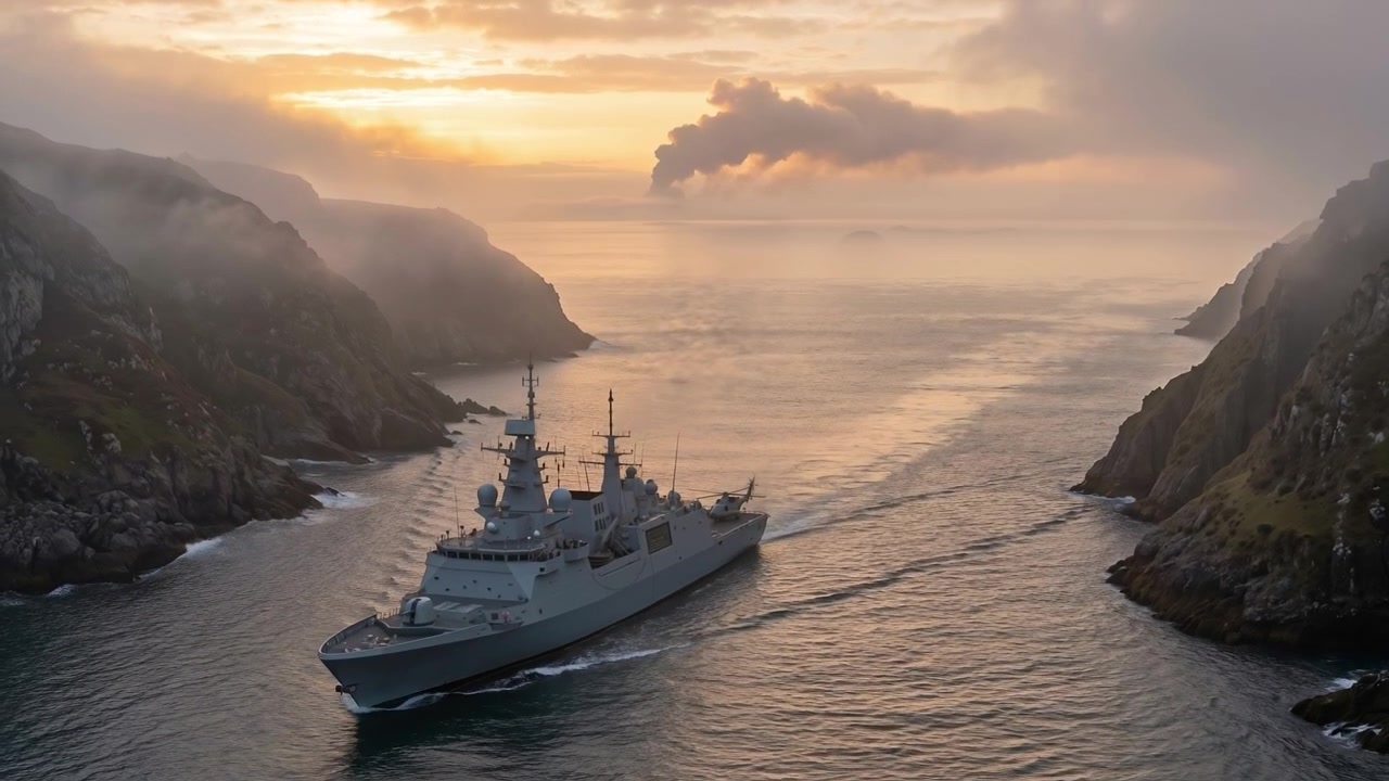 Moderna nave da guerra grigia che naviga attraverso uno stretto canale tra scogliere rocciose coperte di nebbia al tramonto