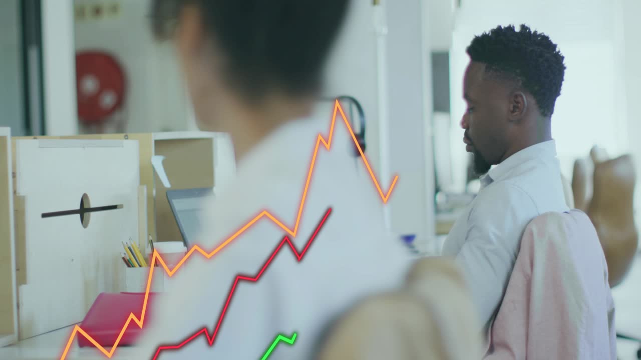 Woman flipping binder in office showing rising business graph man turning smiling sharing success