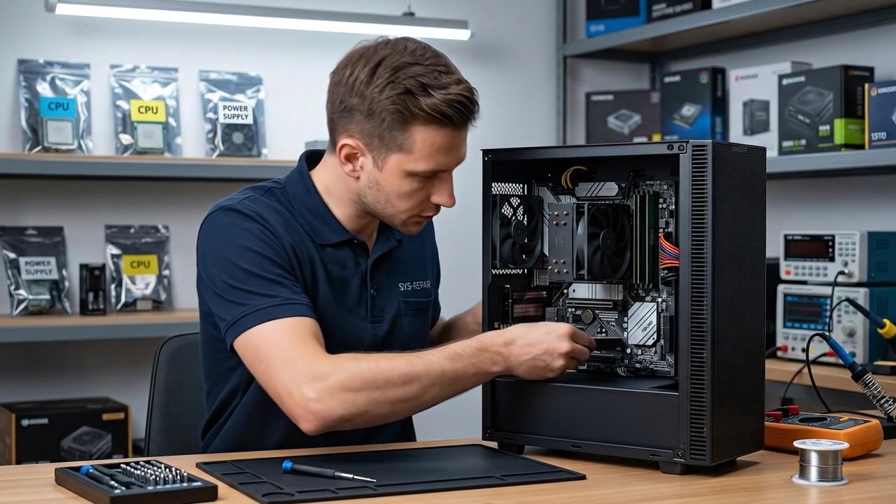 Computer technician repairing and assembling desktop hardware components