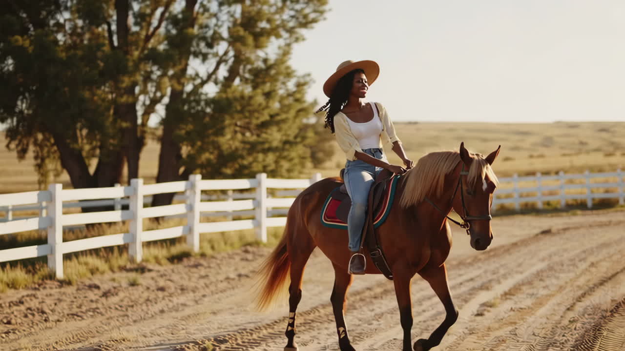 Woman riding a horse in a rural landscape