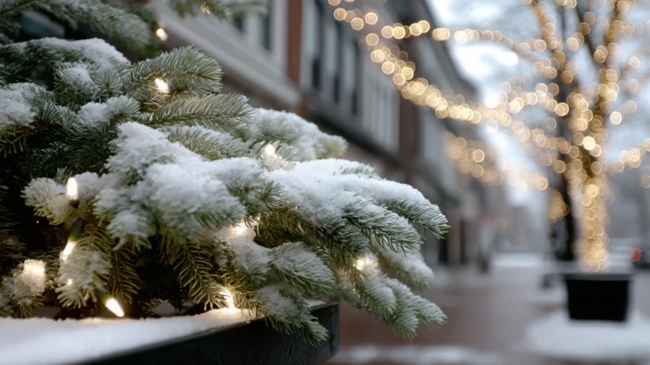 Winter Wonderland: A Cozy Scene of Snow-Dusted Evergreens Adorned with Sparkling Lights in an Enchanting City Street Setting During the Holiday Season