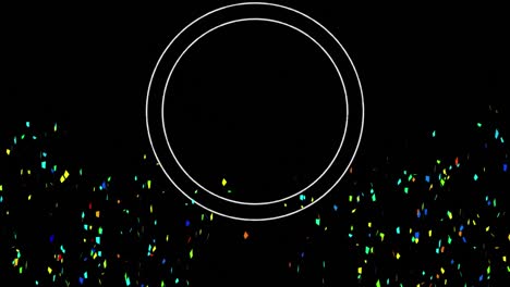 Animation-of-white-rings-moving-over-colourful-confetti-falling-on-black-background