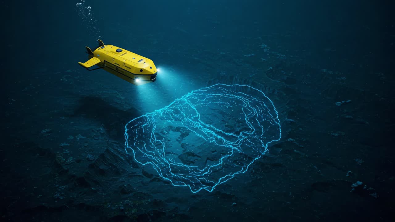 Exploring the Depths: A Submarine Illuminates the Ocean Floor, Captivating Views of Underwater Phenomena with Dynamic Light Patterns in the Abyss