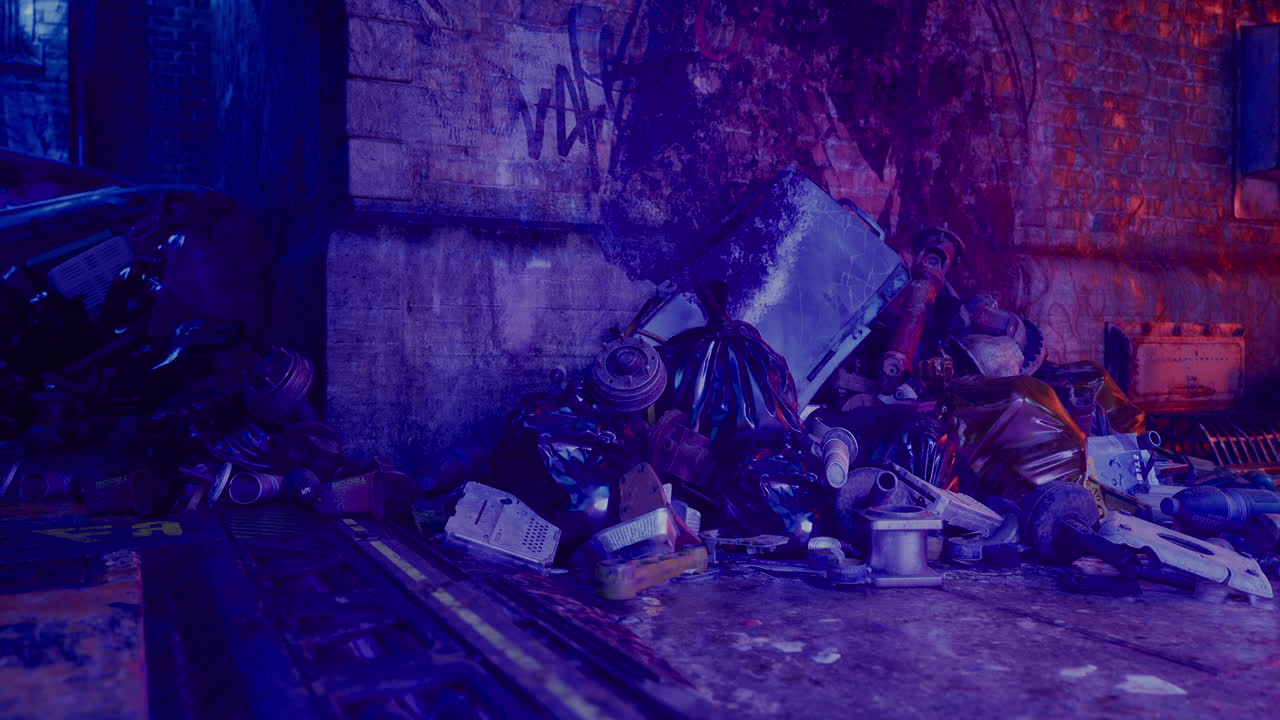 Urban alleyway filled with colorful shadows and scattered debris at night