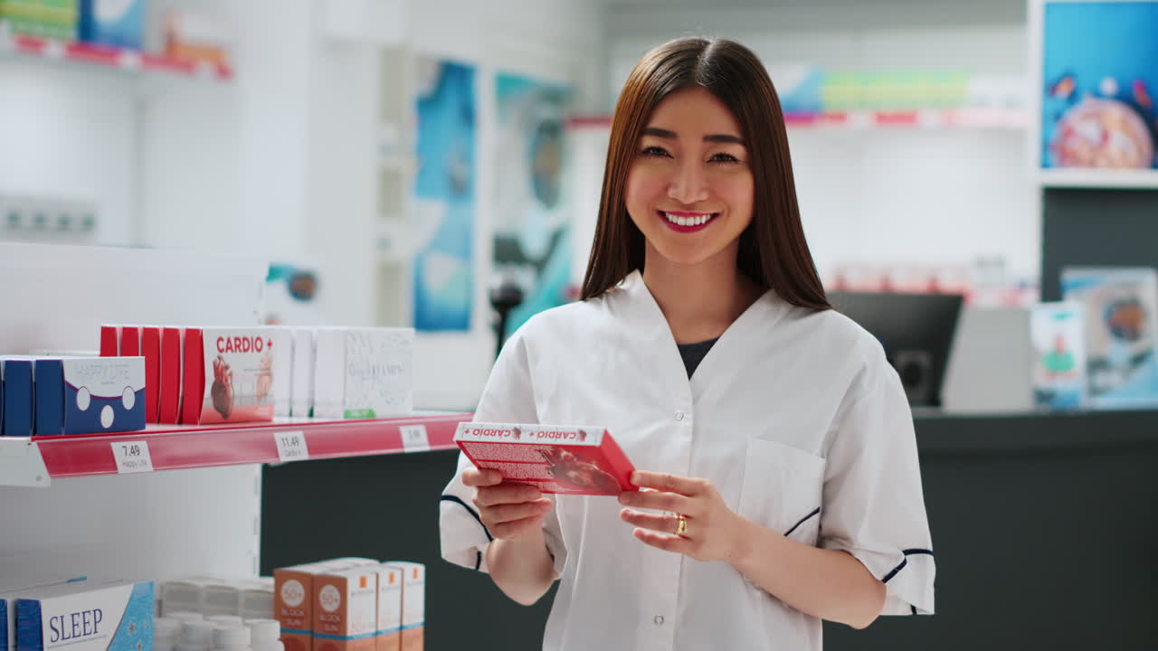 Pharmacist holding a medication box in a pharmacy