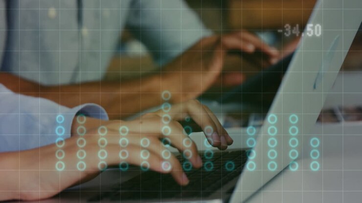 Typing on laptops, binary code and data processing animation over hands