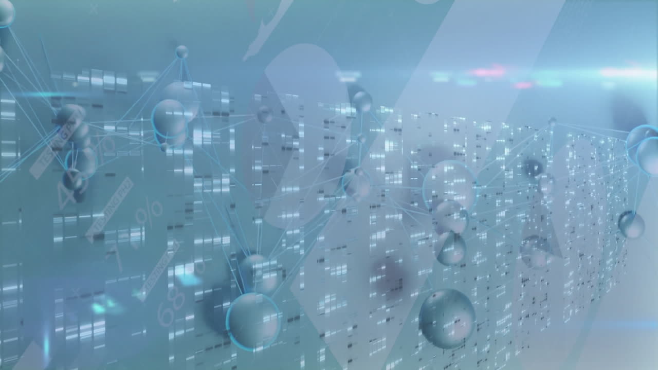Network cluster being displayed with metallic spheres, glowing lines and data bars in 3D render