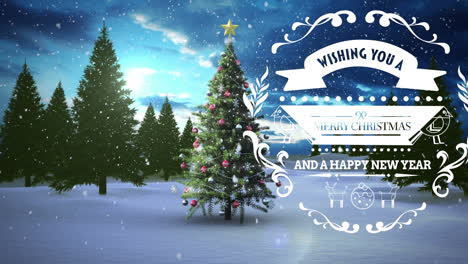 Animation-of-christmas-greetings-over-winter-landscape-background-with-christmas-tree