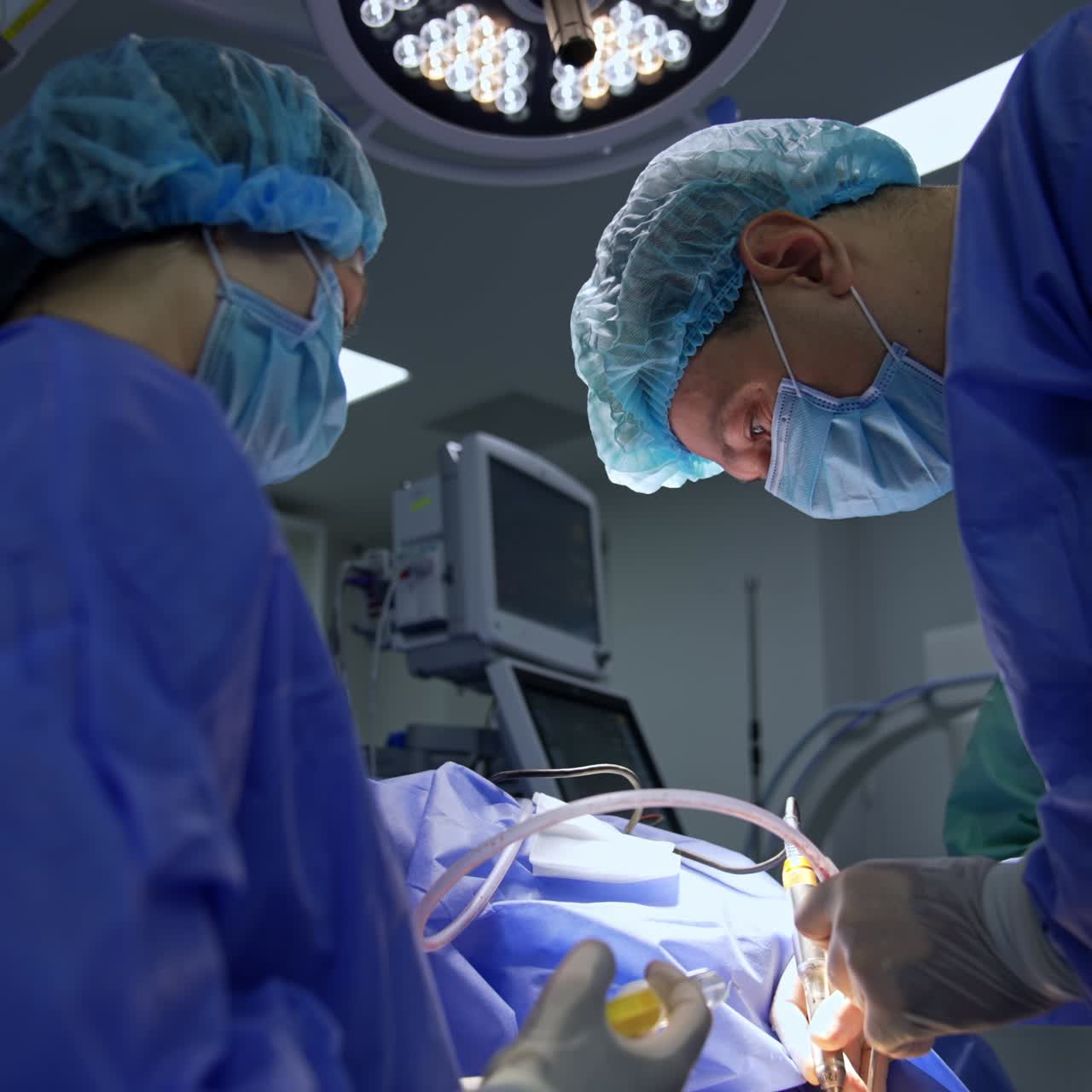 Male Caucasian surgeon uses tools in both hands at operation. Nurse holds the syringe ready to assist the doctor. Low angle view