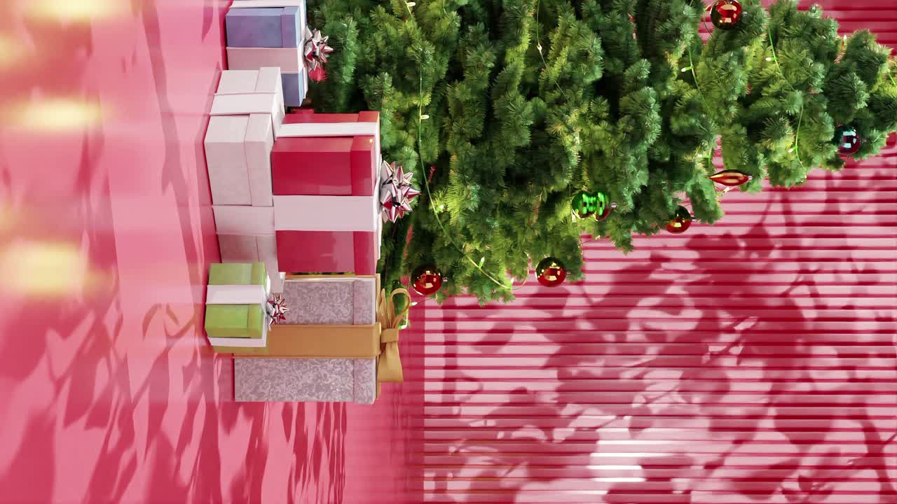 рождественское дерево с украшениями и упакованными подарками на красном полу на красноm фоне