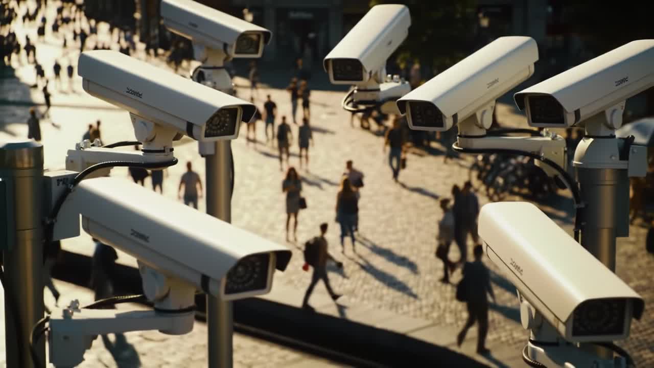 Surveillance Network in Urban Environment Captured in Dynamic Frames Highlighting Security Cameras Overlooking Busy Pedestrian Area