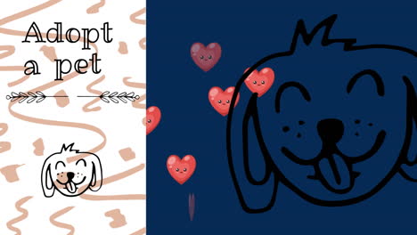 animación de adoptar una mascota y corazones flotando sobre fondo marino con perro
