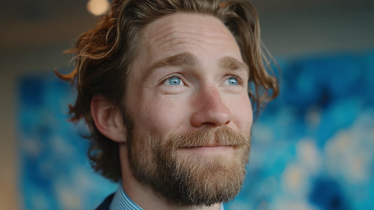 Un'espressione raggiante: transizione dalla riflessione alla gioia catturata in due fotogrammi di un uomo con la barba che sorride luminosamente su uno sfondo colorato
