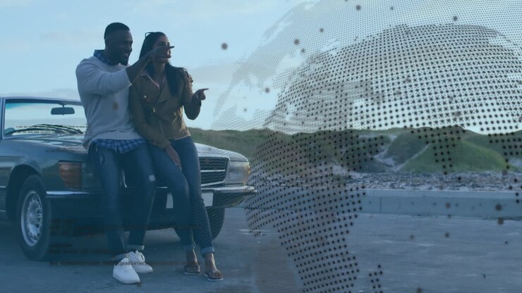 Pointing at something, couple leaning on car with world map animation over them