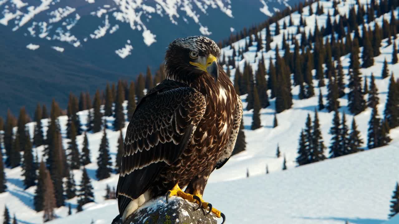 A majestic eagle perched on a snowy mountain rock, captured from a low-angle shot