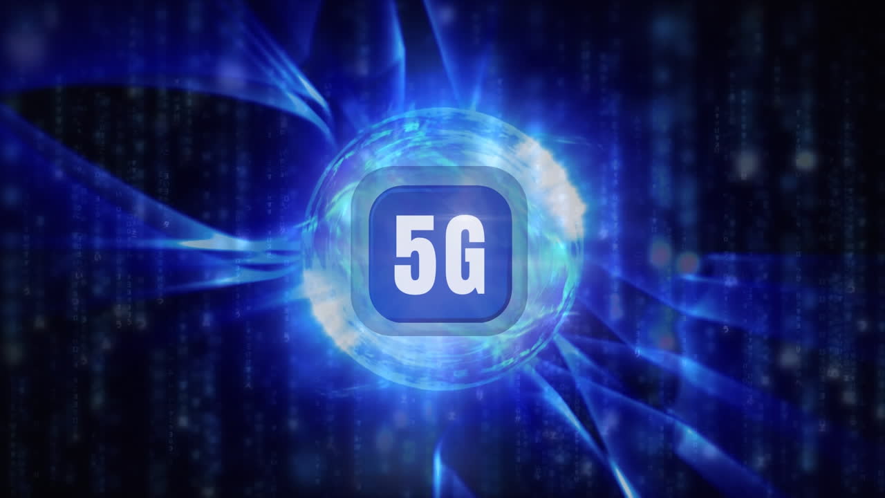 5g logo on a button surrounded by blue light circle with shapes waving around