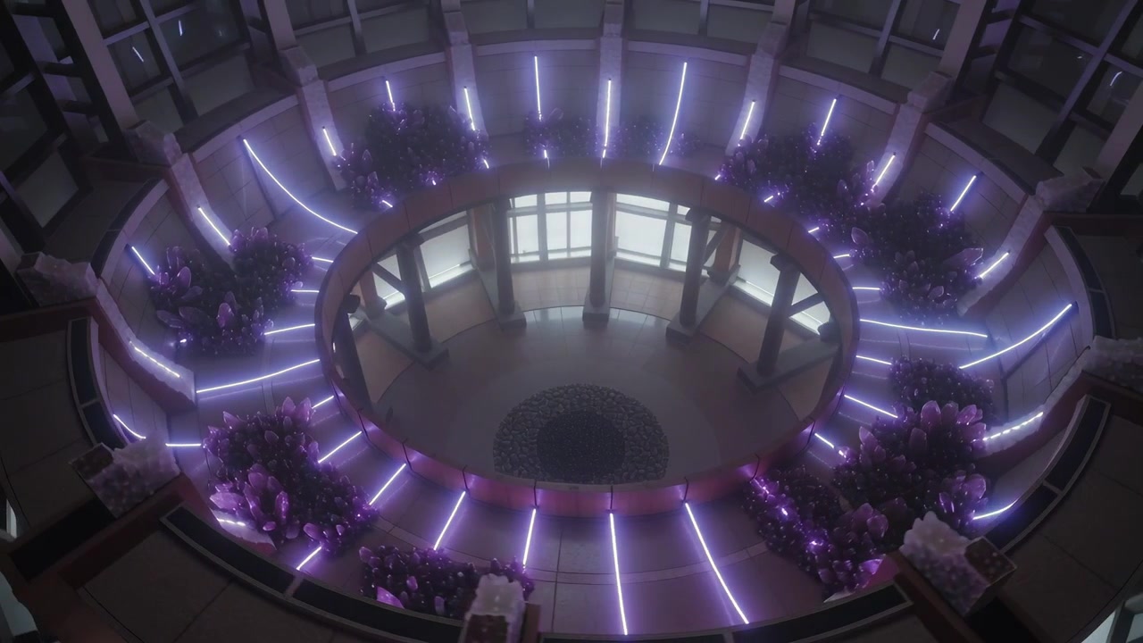 Running light show cycling LED strips from magenta to cyan in lobby, lighting planters and columns
