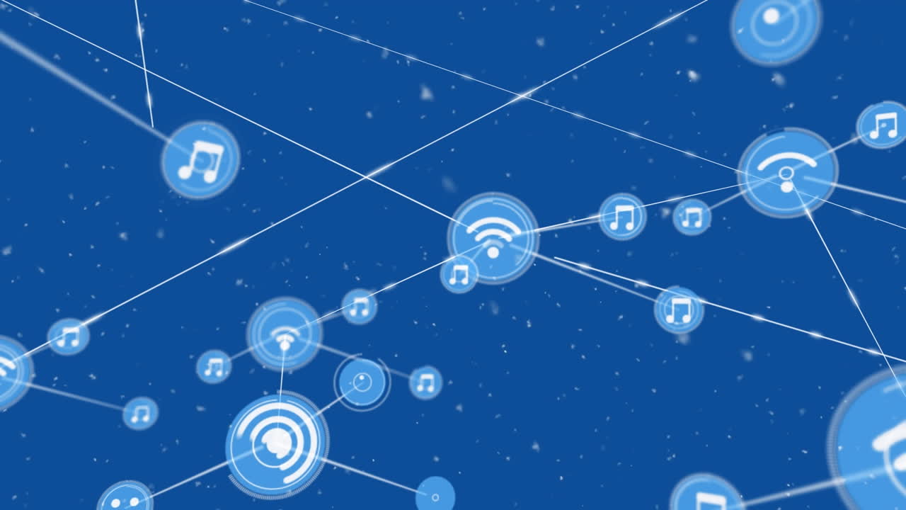 Animation of white particles falling over network of digital icons against blue background