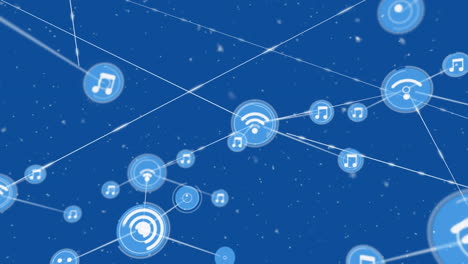 animación de partículas blancas que caen sobre una red de iconos digitales contra un fondo azul