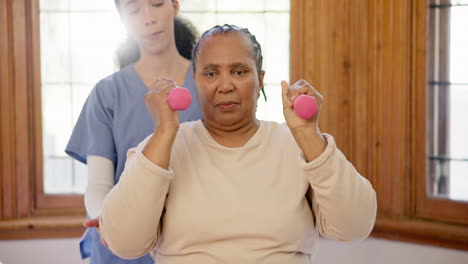 senior, person and nurse or dumbbells exercise as