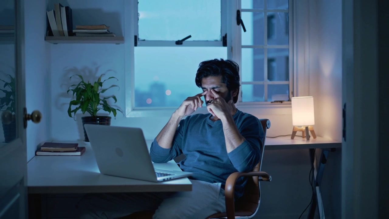 Uomo indiano che si strofina gli occhi per l'uso del laptop, che indossa una camicia color verde acqua e si sistema gli occhiali nel suo ufficio domestico.