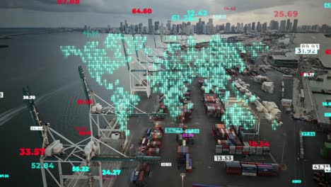 animation of global map loading statistics data and commercial port cityscape in background of modern smart city