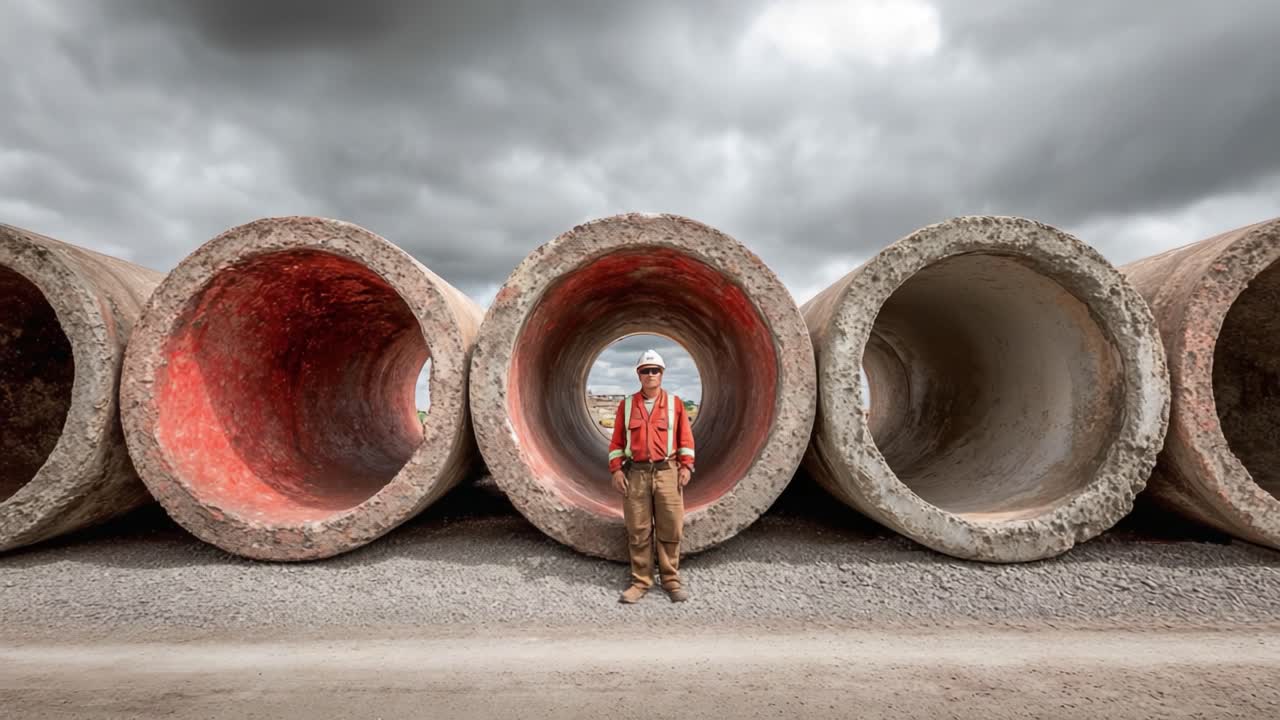 Ein Bauarbeiter steht selbstbewusst zwischen massiven Betonrohren und demonstriert industrielle Widerstandsfähigkeit und Infrastrukturentwicklung inmitten dramatischer Wolken.