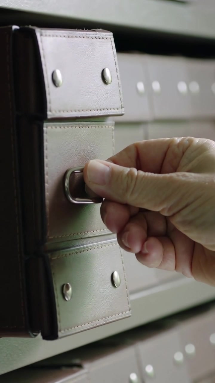 Video verticale: Un anello a tirante che ruota, la mano destra che tira una scatola di pelle dallo scaffale, accedendo al contenuto.