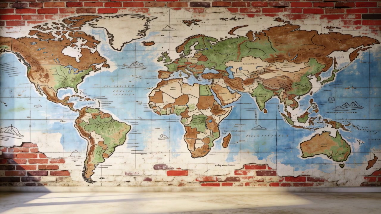 La telecamera inizia a spostarsi a destra, rivelando un murale dipinto di una mappa del mondo su un muro di mattoni rossi, con la luce del sole che si sposta.