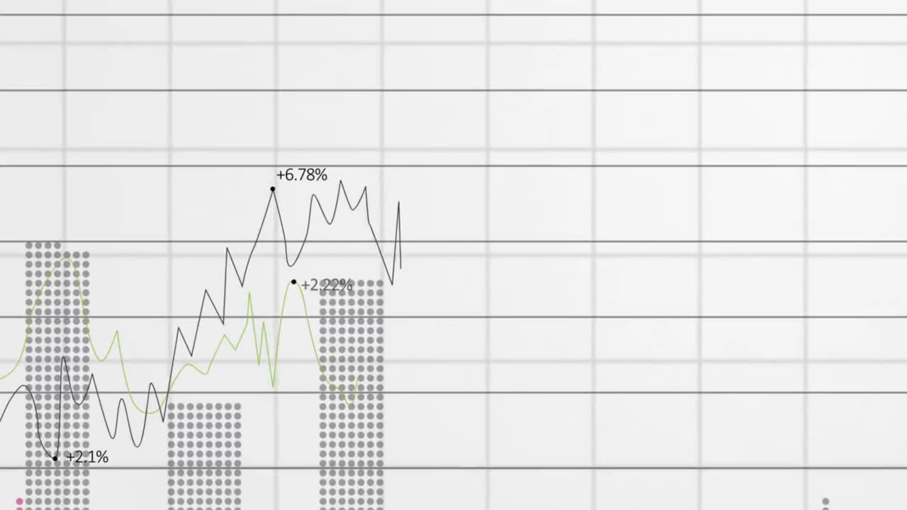 Animation of financial data processing over grid on white background