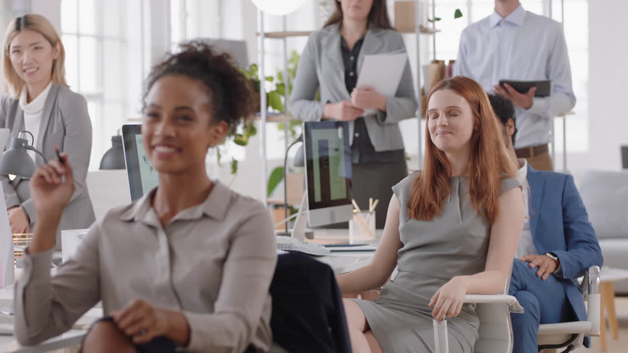 happy group of business people meeting sharing ideas enjoying teamwork presentation in diverse office working together in professional workplace