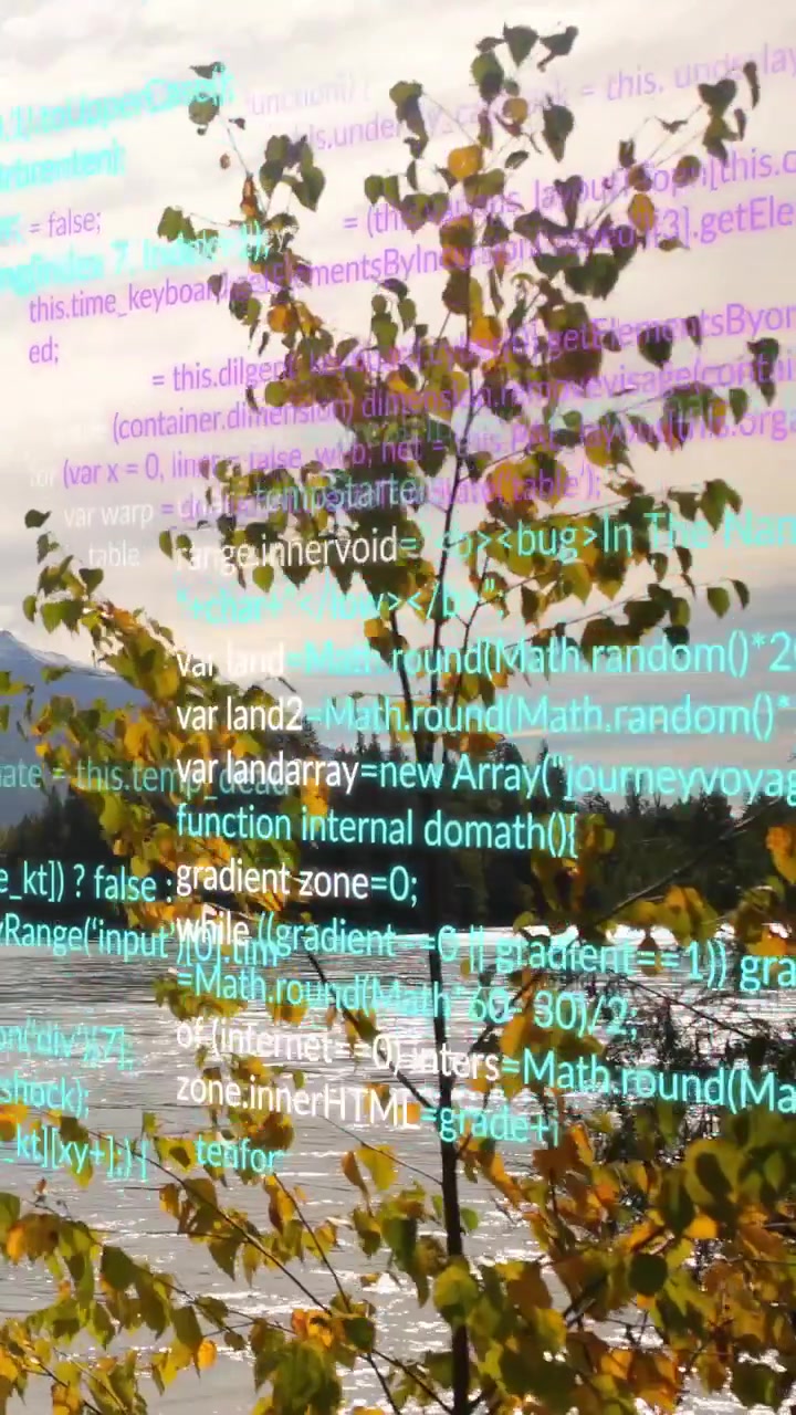 Vertical video: Left code stream appearing, flooding sapling and water, signaling data takeover