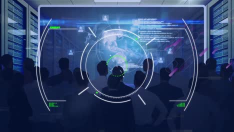 animation of financial data processing and scope scanning over business people