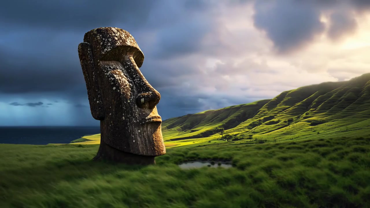 Antica Statua Moai sull'Isola di Pasqua con Cielo Drammatico e Oceano