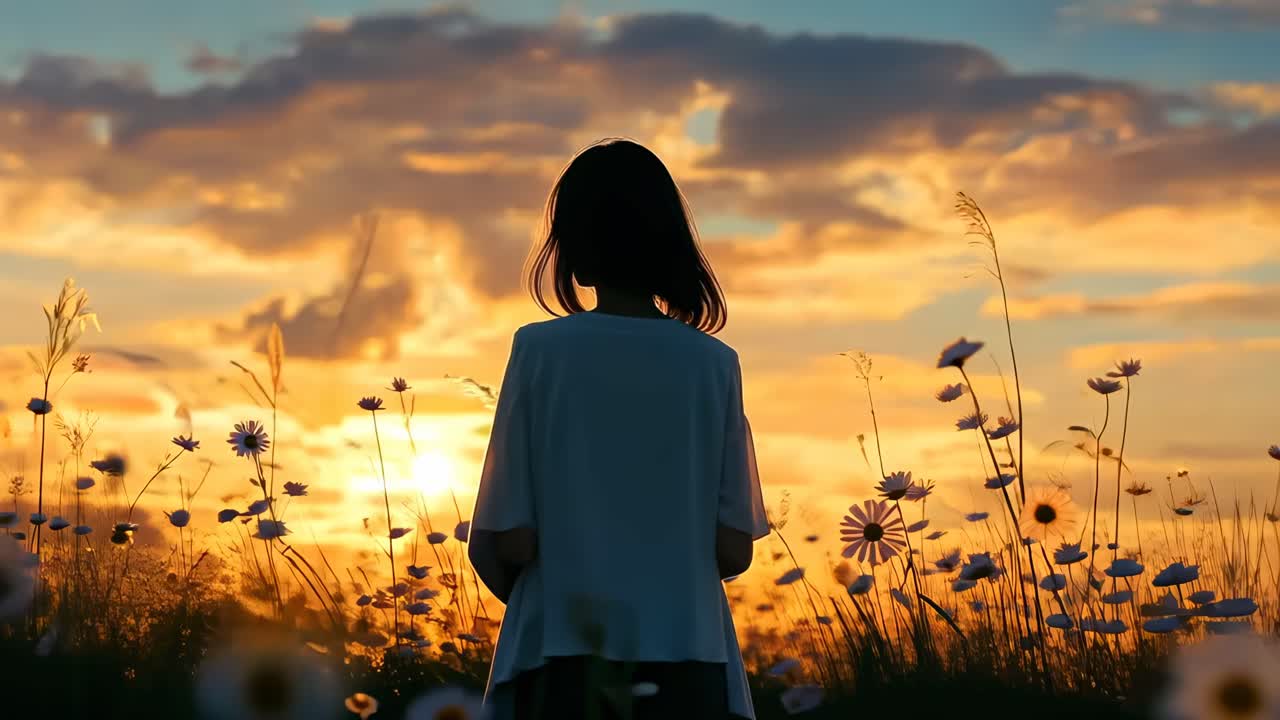Silhouette di una persona in un campo fiorito al tramonto, catturata da un angolo basso