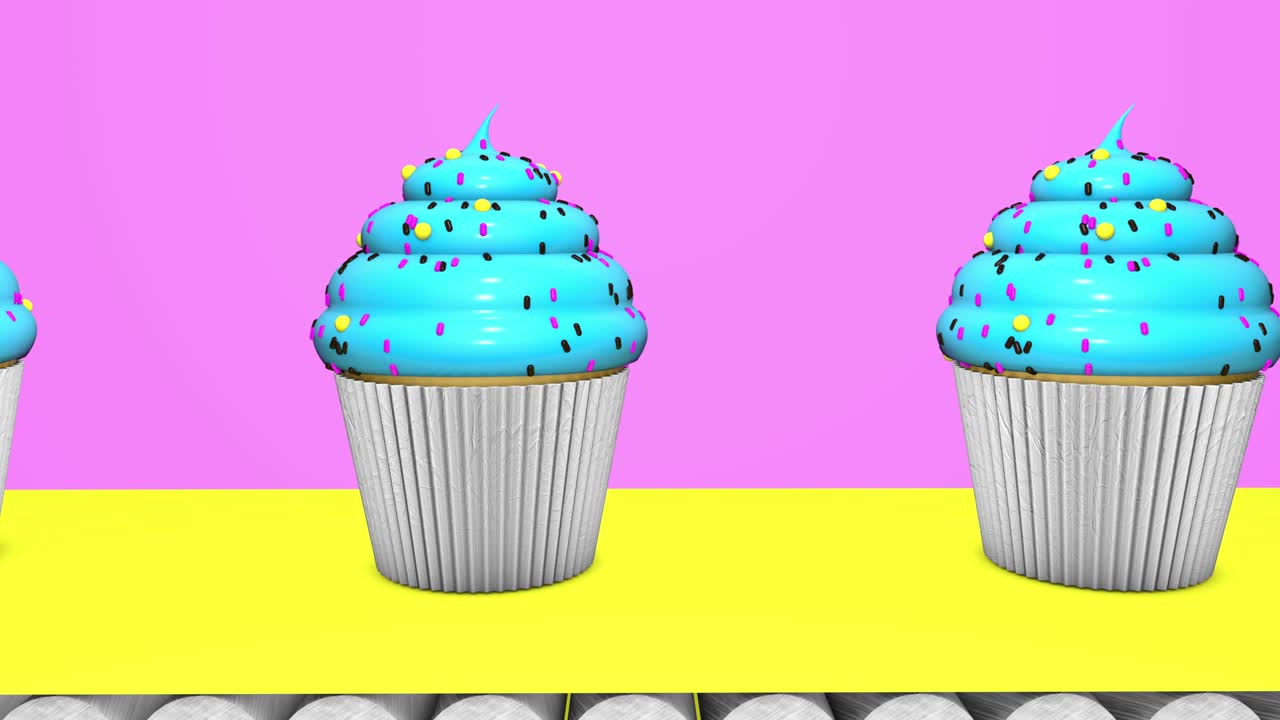 animación en 3d en bucle de pasteles en la cinta.