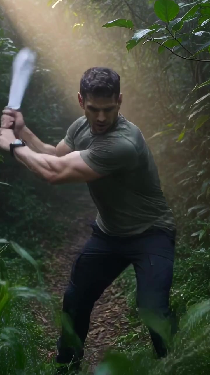Video verticale: Uomo con machete sollevato, con maglietta e pantaloni color oliva, che taglia la boscaglia per liberare un sentiero nel bosco.